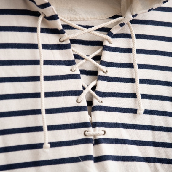 Polo Jeans Company Womans M Pull Over Navy Blue & White Stripe Hooded Drawstring - Picture 2 of 4